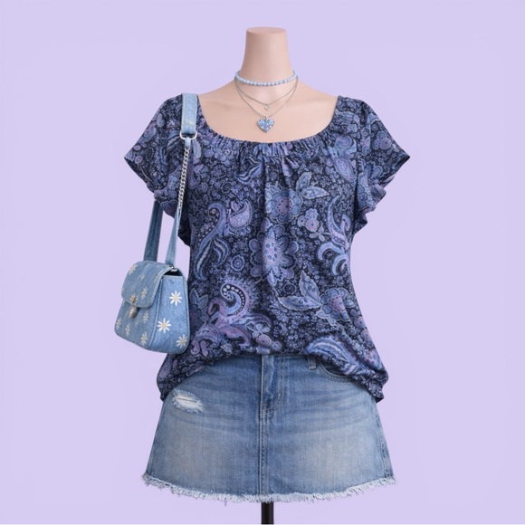 croft & barrow Tops - Vintage Y2K Blue Purple Paisley Square Neck Blouse Boho Top M Fairycore Coquette